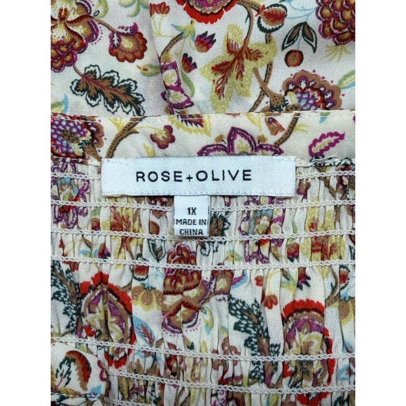 Rose + Olive Top Womens 1X Cream Yellow Floral Button Up Sheer Spring Peasant - Picture 6 of 10